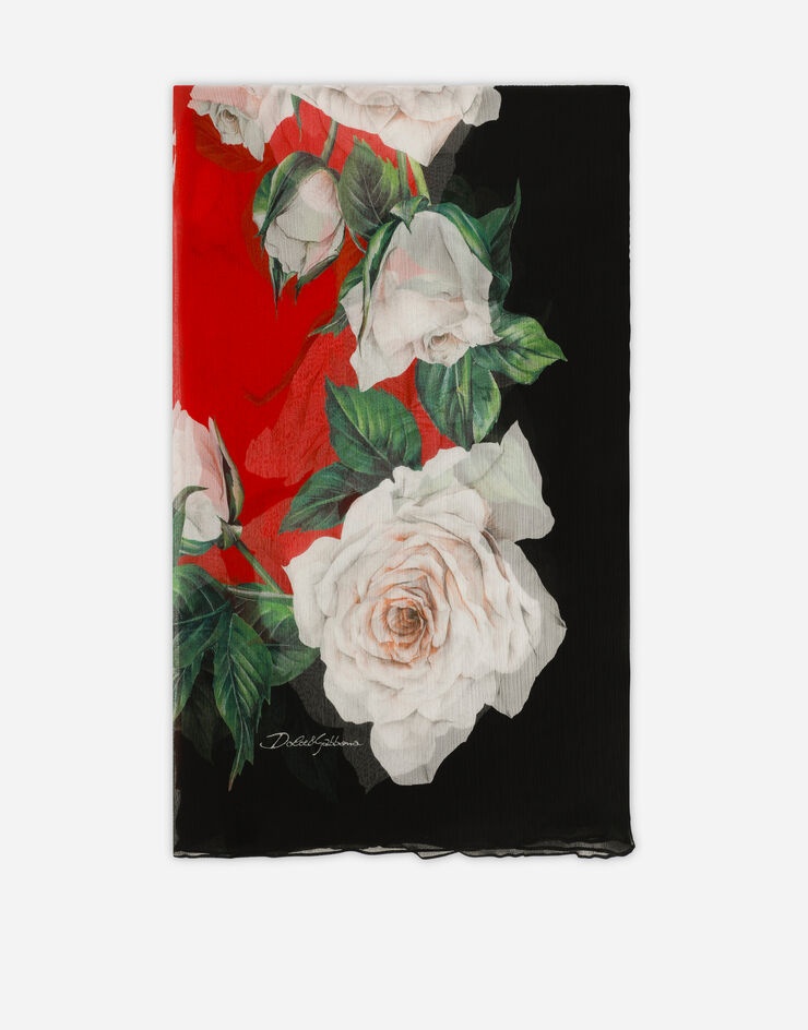 Silk scarf with white rose print (120 x 200) - 1