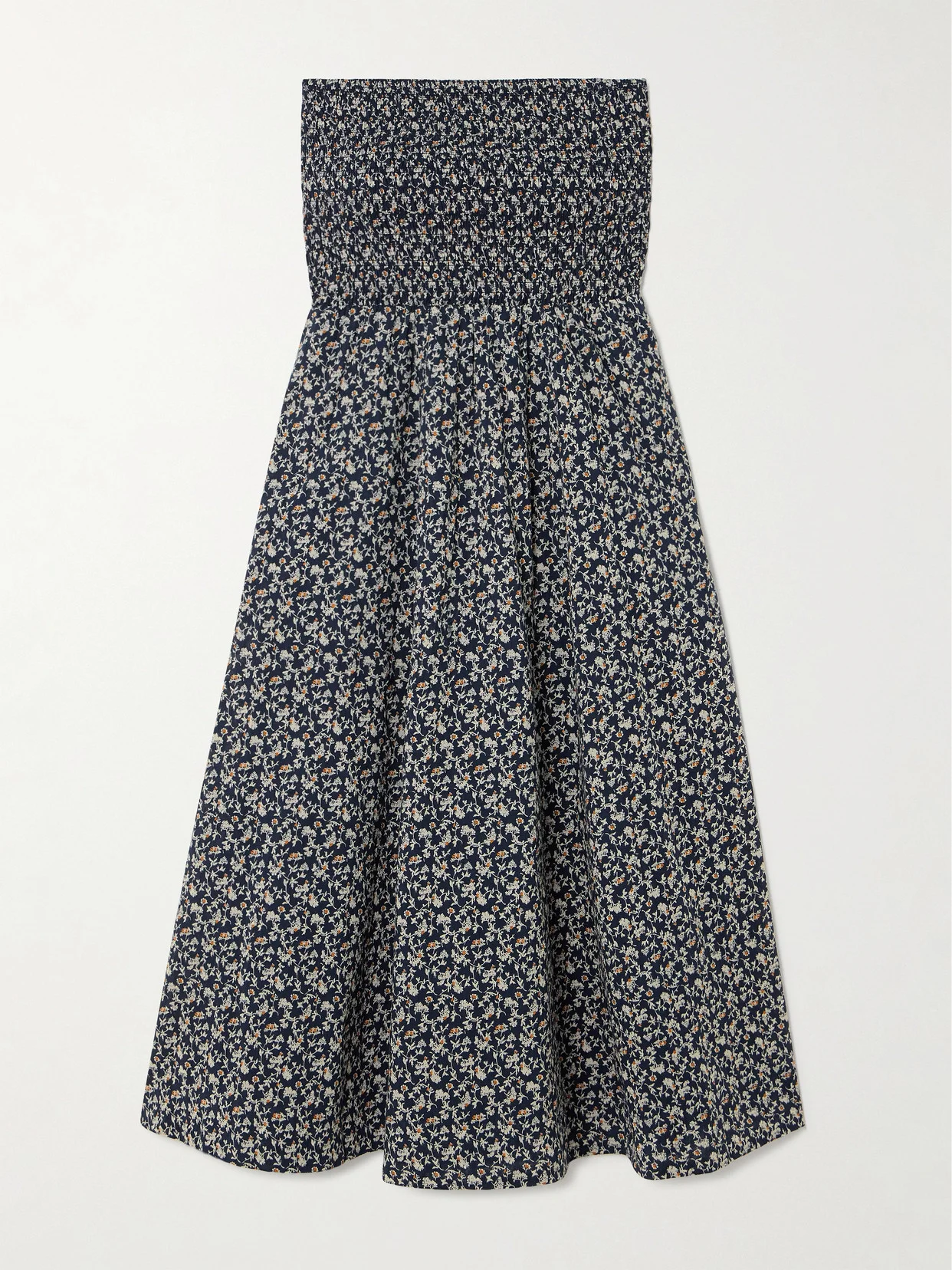 Cornelia Strapless Smocked Floral-print Cotton Midi Dress - 1