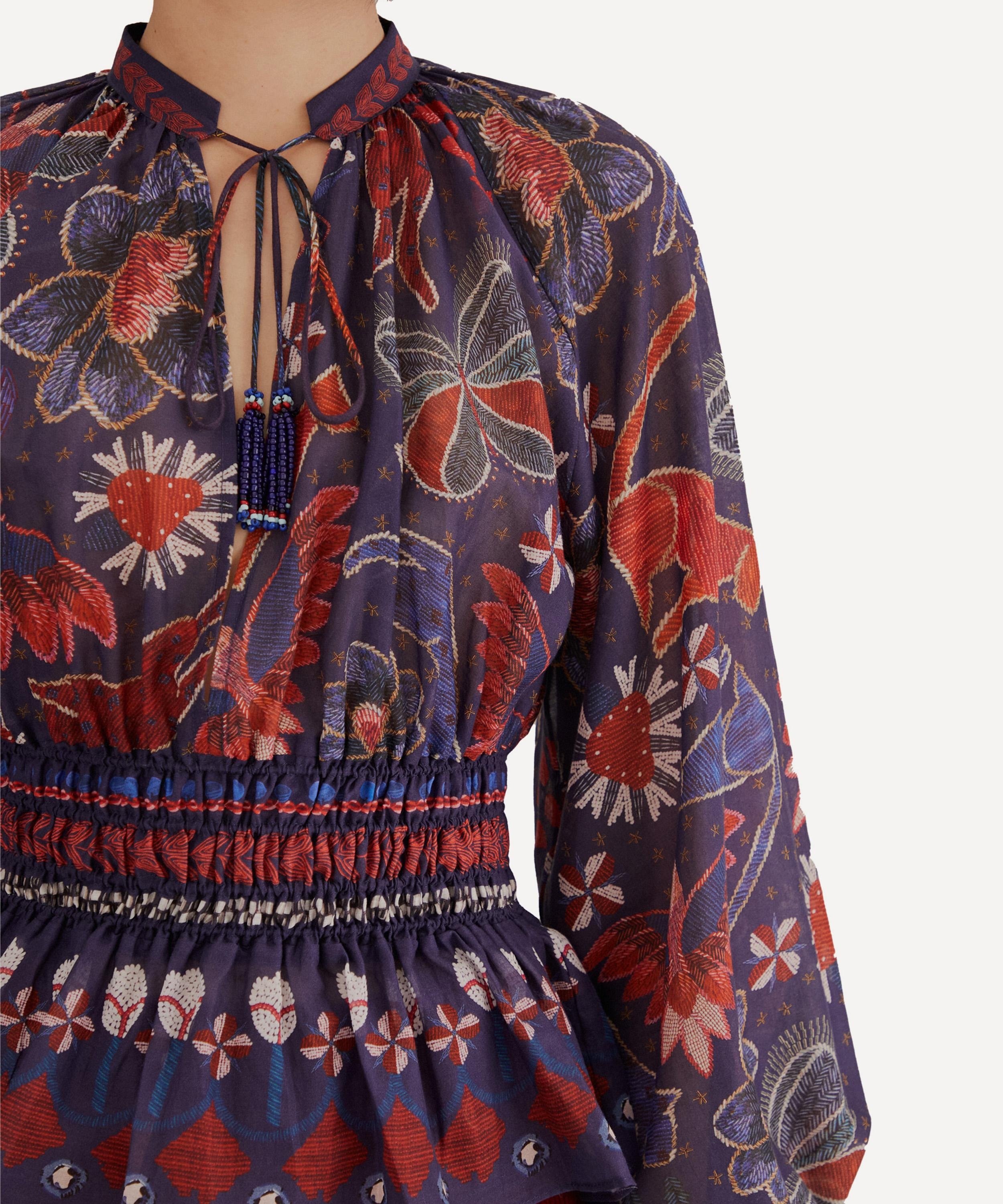 Dark Blue Tropical Shine V-Neck Blouse - 4