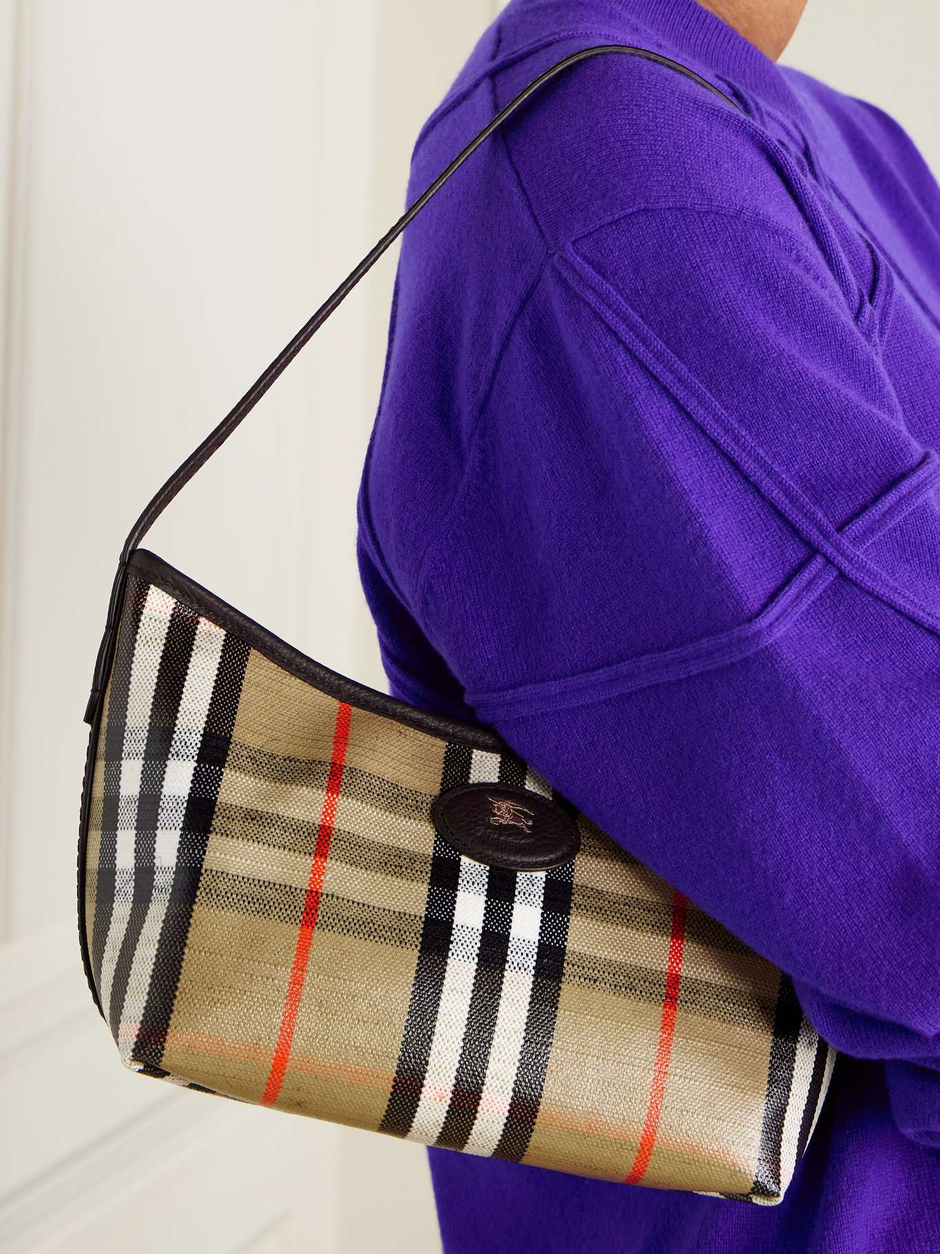 Leather-trimmed checked canvas shoulder bag Sand - 2