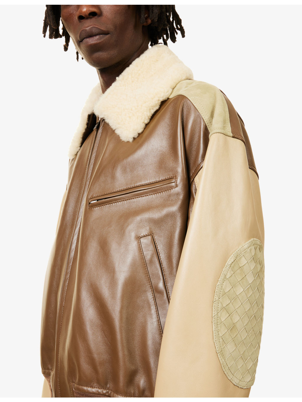 Suede-Panels Fur-Collar Leather Jacket - 5