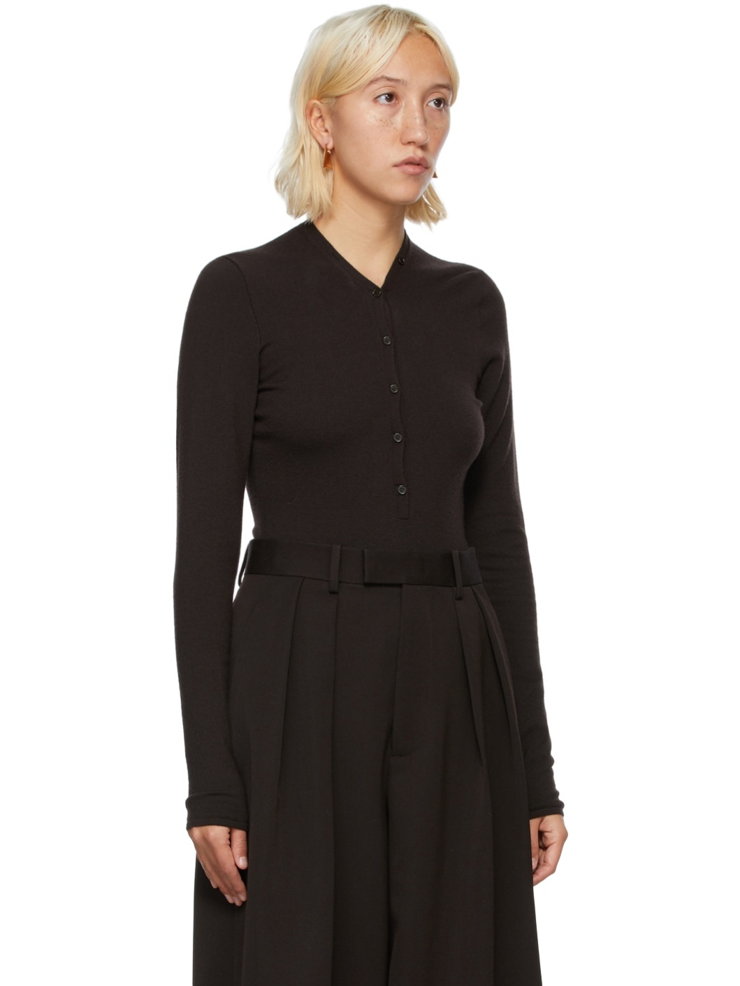 Brown Cashmere V-Neck Bodysuit - 2