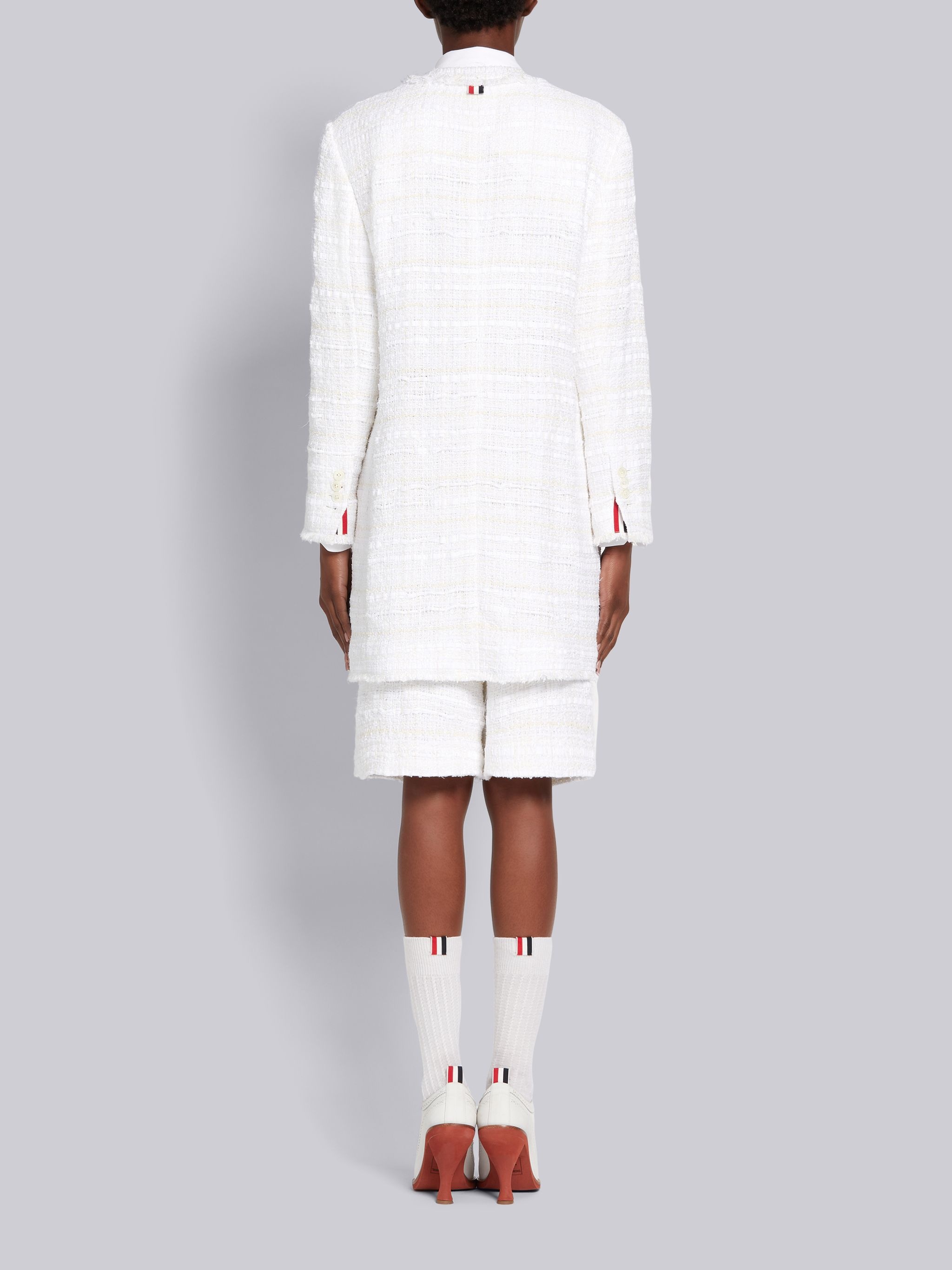 White Cotton Oxford Ribbon Tweed Frayed Crewneck Cardigan Overcoat - 3