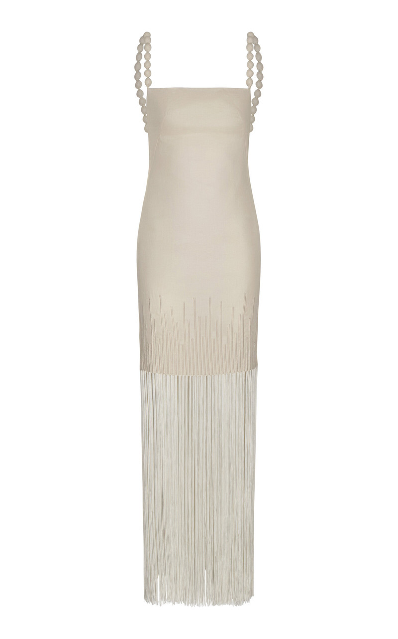 Mar Caribe Fringed Linen Maxi Dress ivory 1