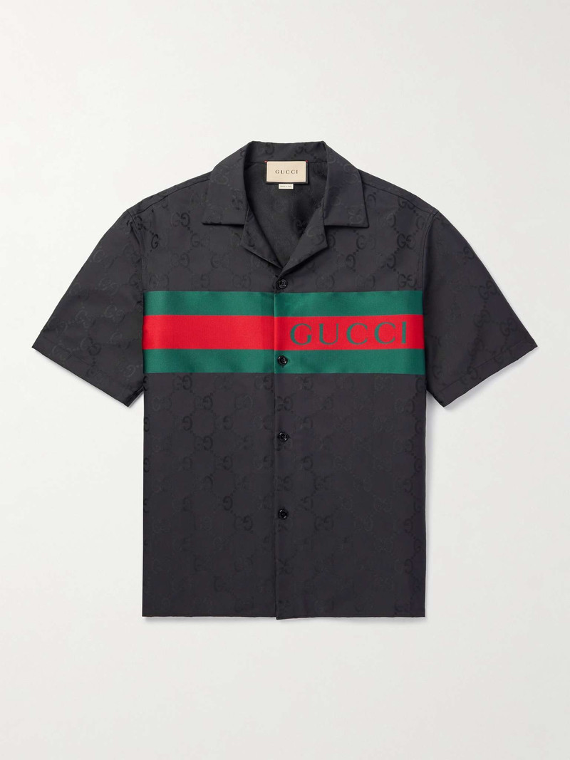 Camp-Collar Logo-Jacquard Twill-Trimmed Satin Shirt - 1