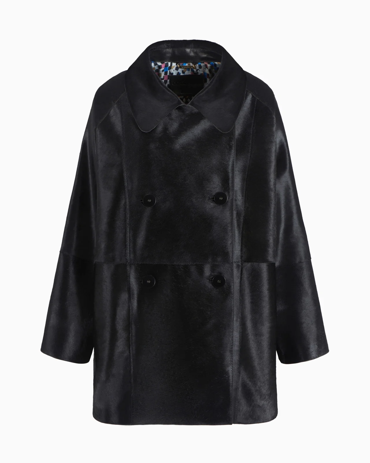 PONY SKIN-EFFECT LEATHER DOUBLE-BREASTED PEA COAT - 1
