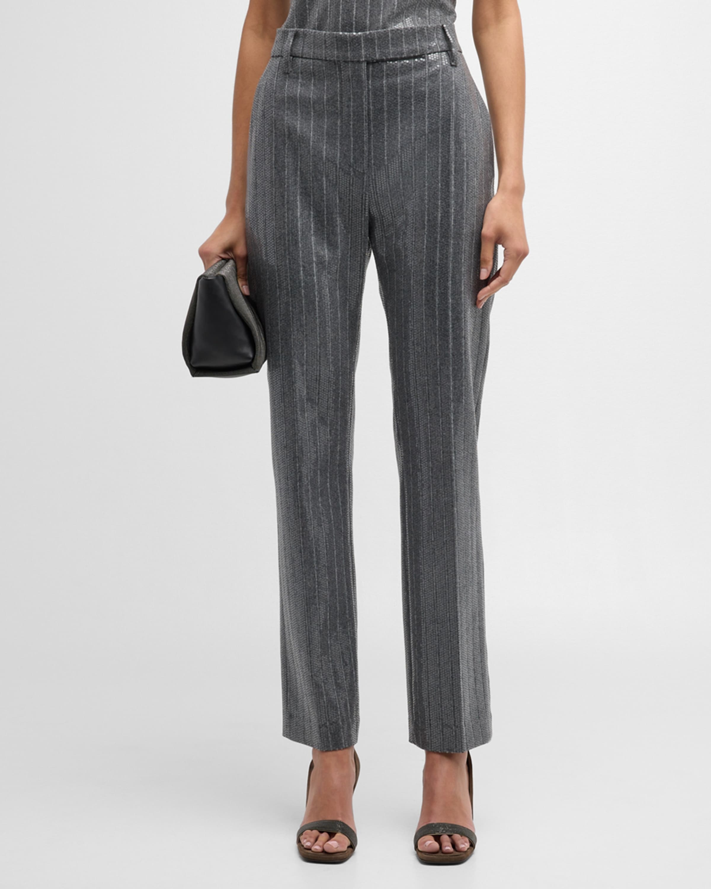 Pinstripe Sequin Embroidered Flannel Straight-Leg Pants - 1