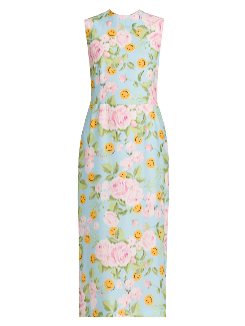Women's Smiley And Flower Print Silk Midi-Dress - Multi Light Blue 1