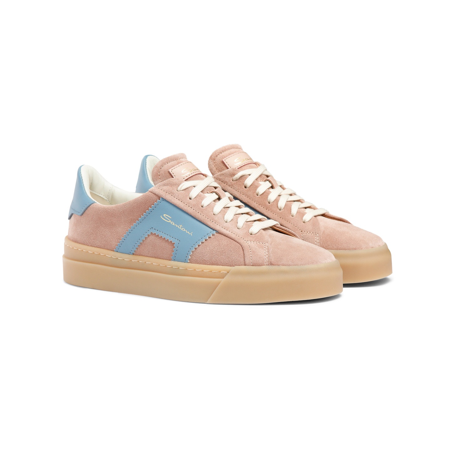 Women's pink and light blue suede and leather double buckle sneaker - 3
