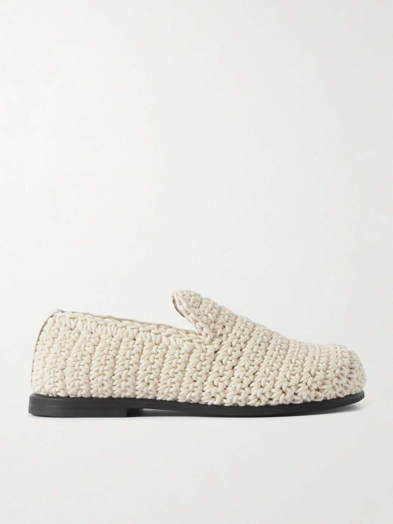 Crocheted leather-trimmed cotton loafers 1