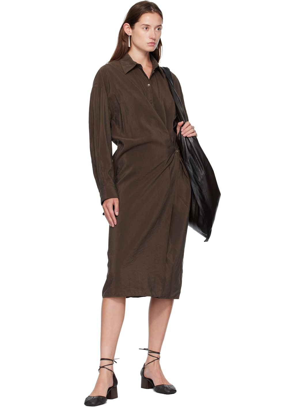Brown Straight Collar Twisted Midi Dress - 4