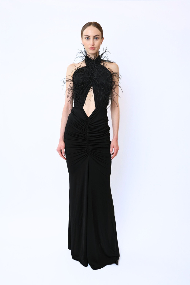LAPOINTE Jersey Sleeveless Halter Ruched Gown With Feathers outlook