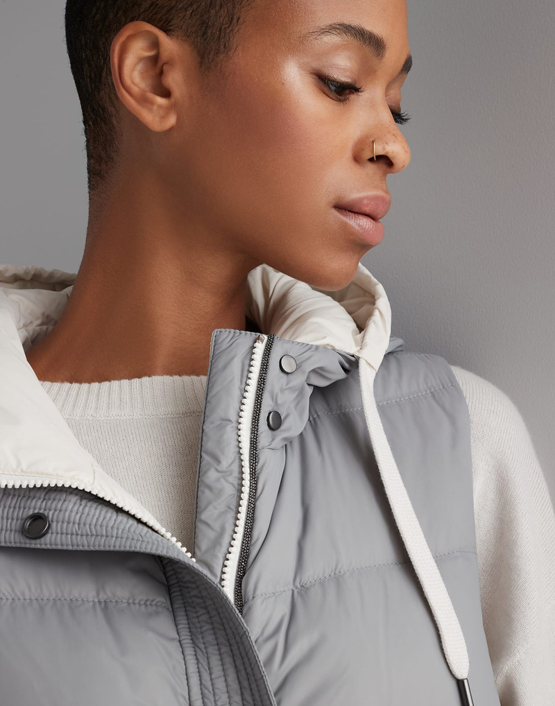 Lightweight matte nylon down vest with hood and shiny trim 3