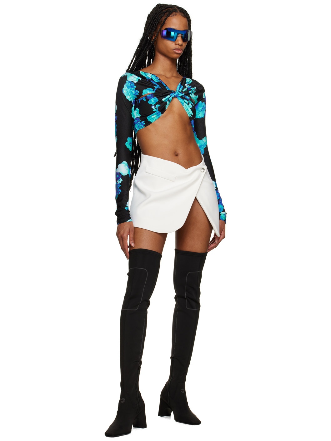 Blue & Black Draped Long Sleeve T-Shirt - 4