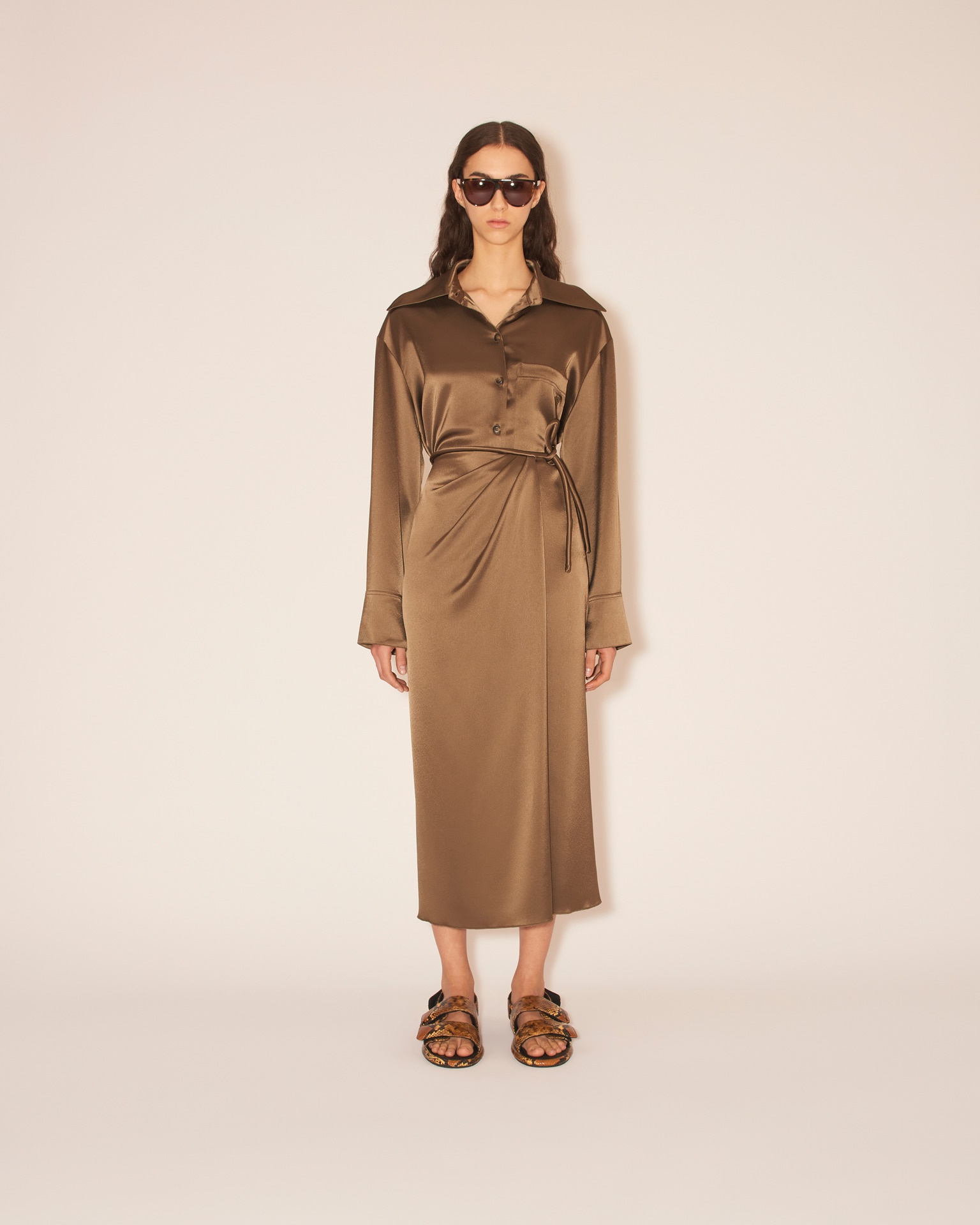 LEA - Draped midi wrap skirt with tubular waistband - Dark khaki - 3