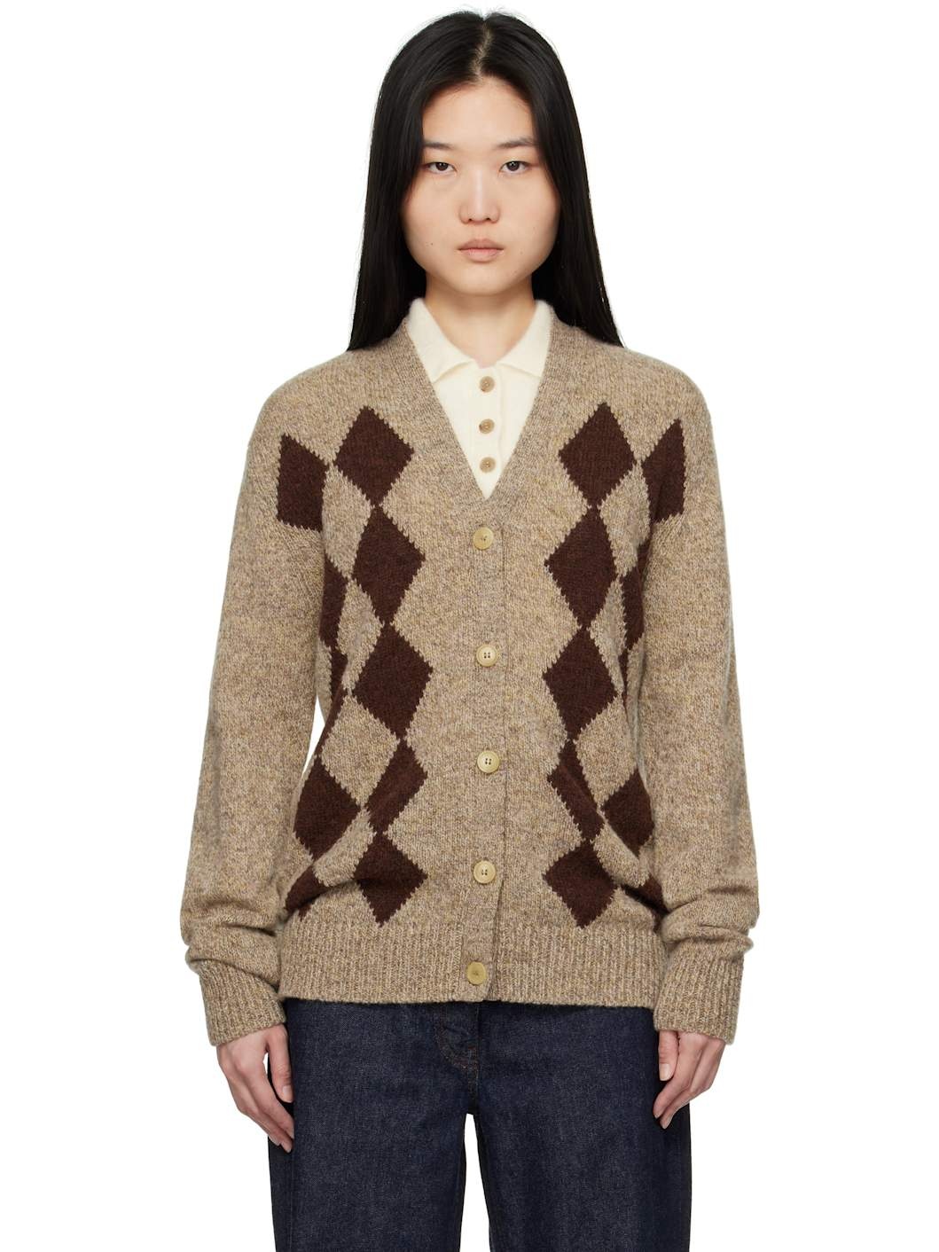 Beige & Brown Shetland Argyle Cardigan - 1