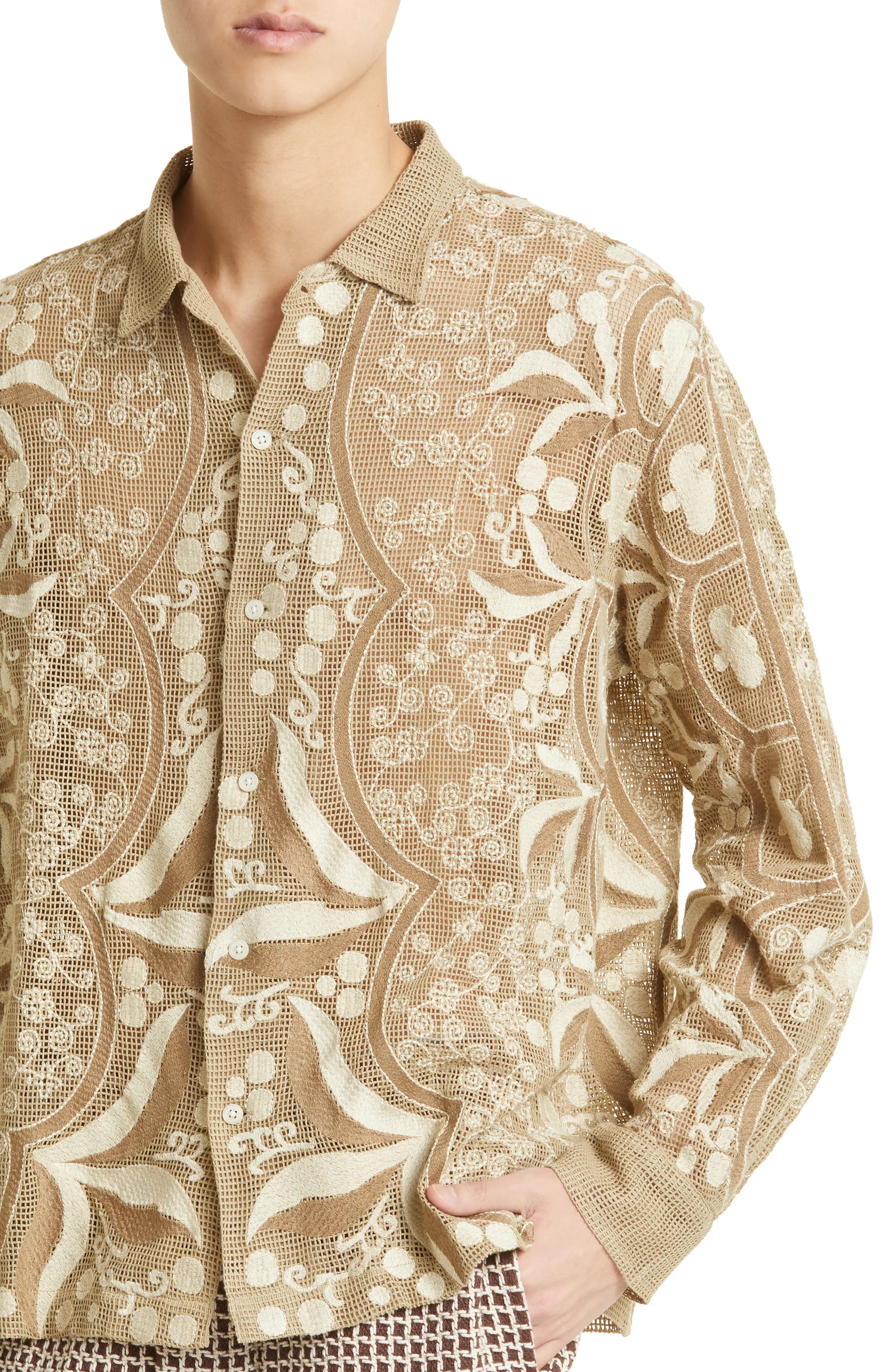 Filet Filigree Embroidered Mesh Button-Up Shirt - 5