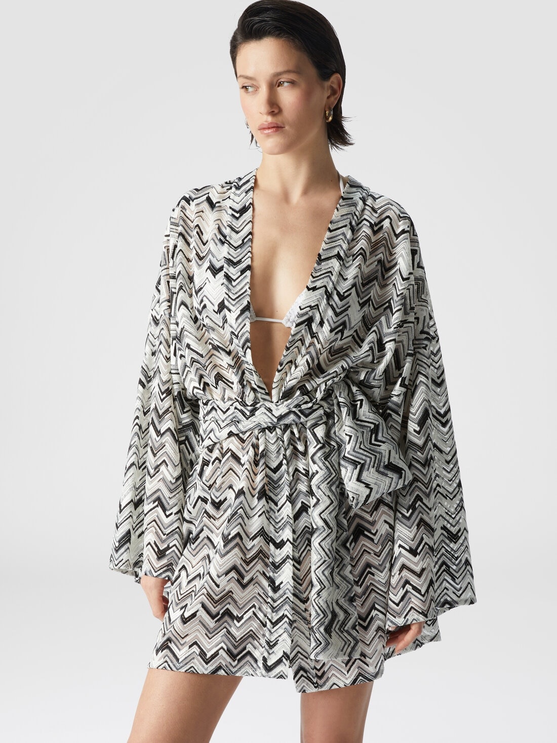 Slub zigzag viscose-blend cover-up kimono with belt - 4