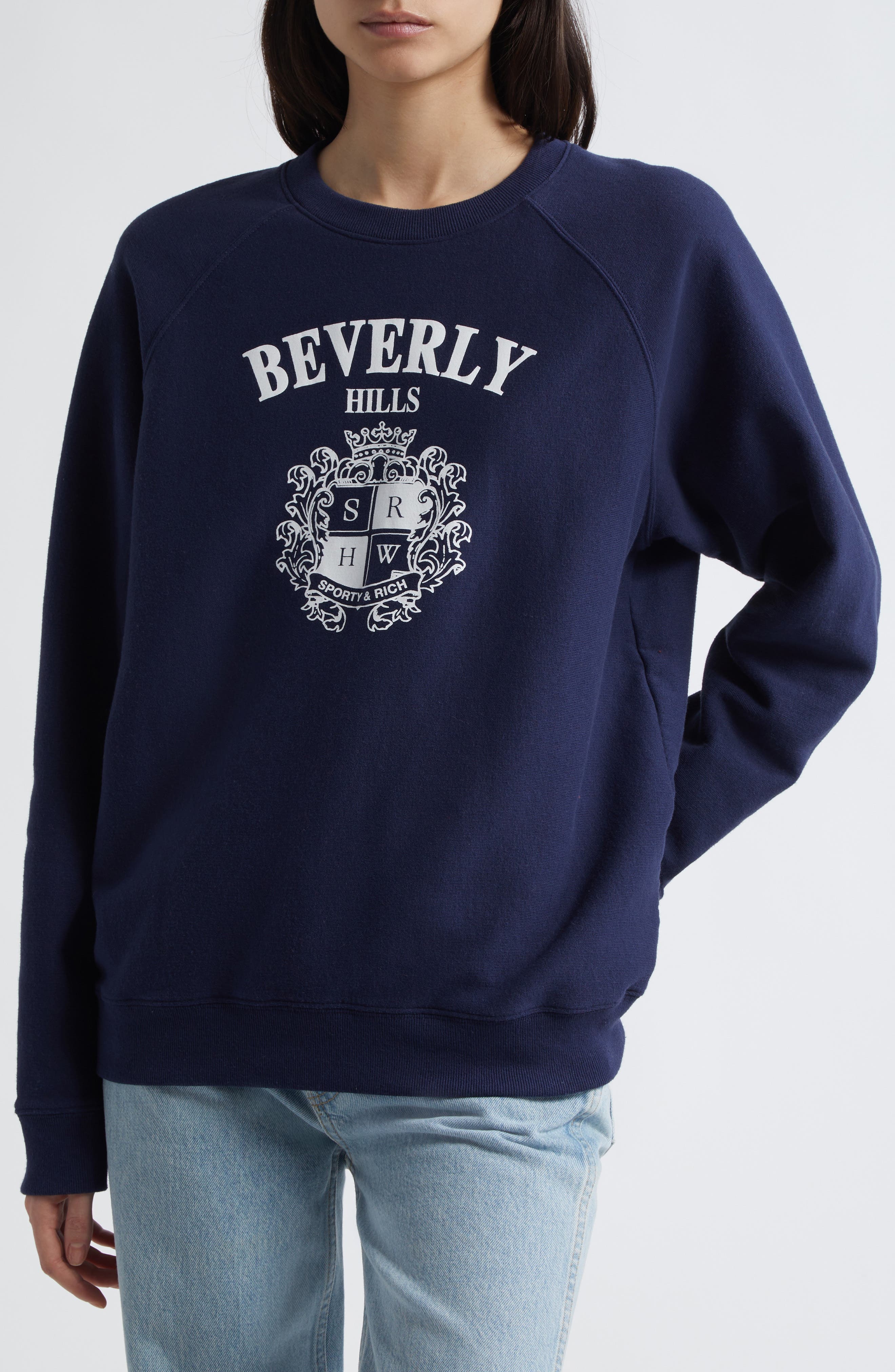 Sporty & Rich Beverly Hills Crest Graphic Sweatshirt in Dark Navy at Nordstrom - 4