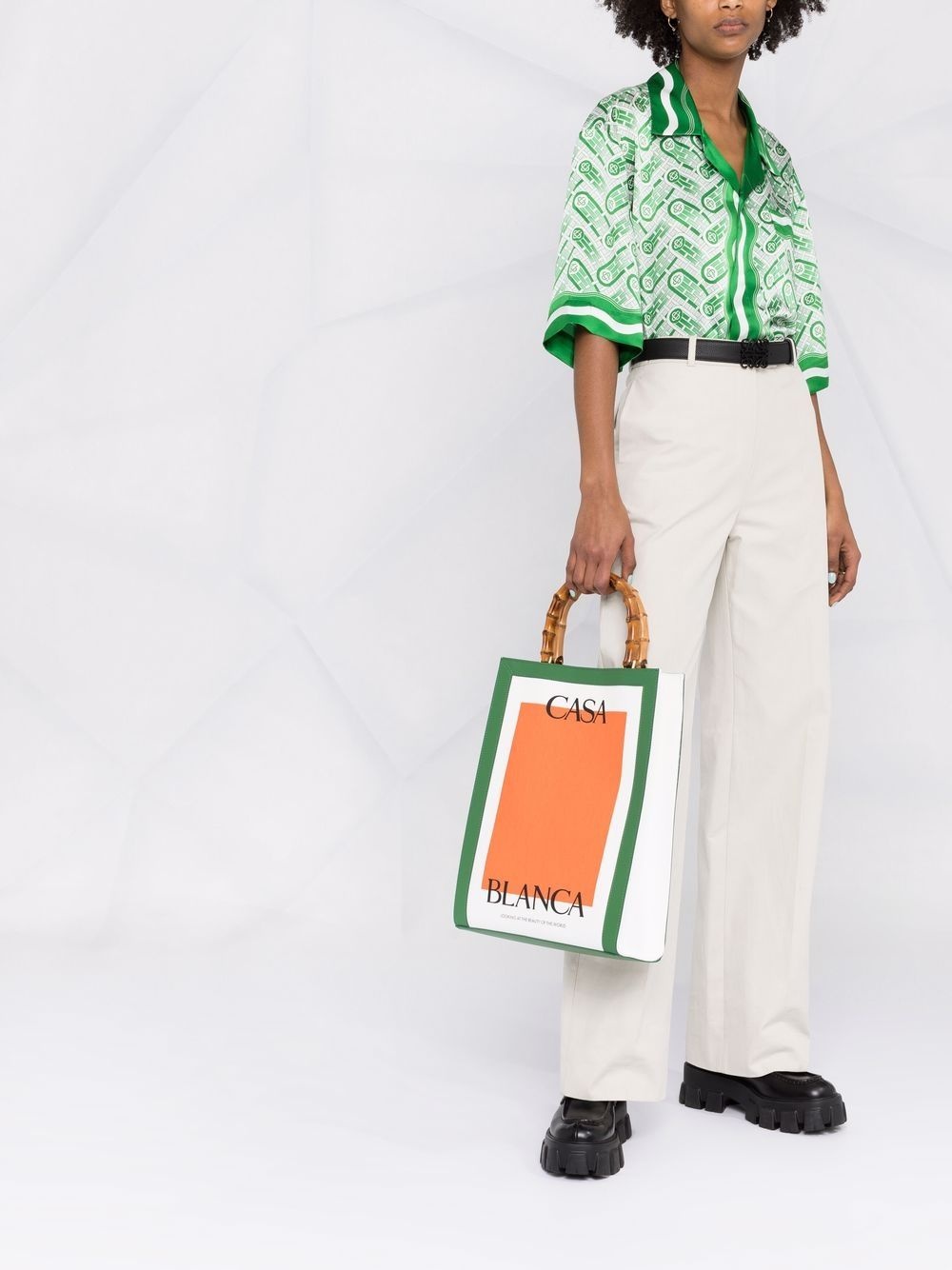 LOGO-PRINT BAMBOO-HANDLE TOTE BAG - 4