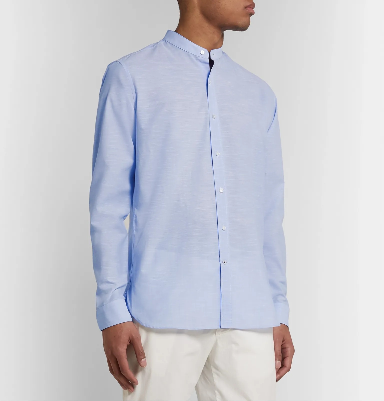 Grandad-Collar Slub Cotton Shirt - 4