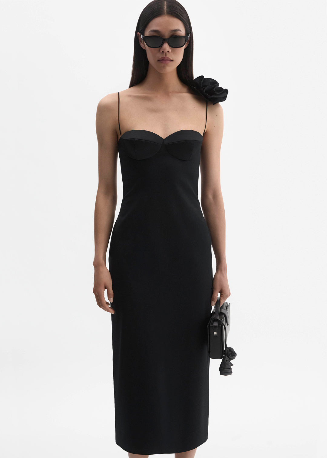 Flower appliqué silk midi dress in black - 3