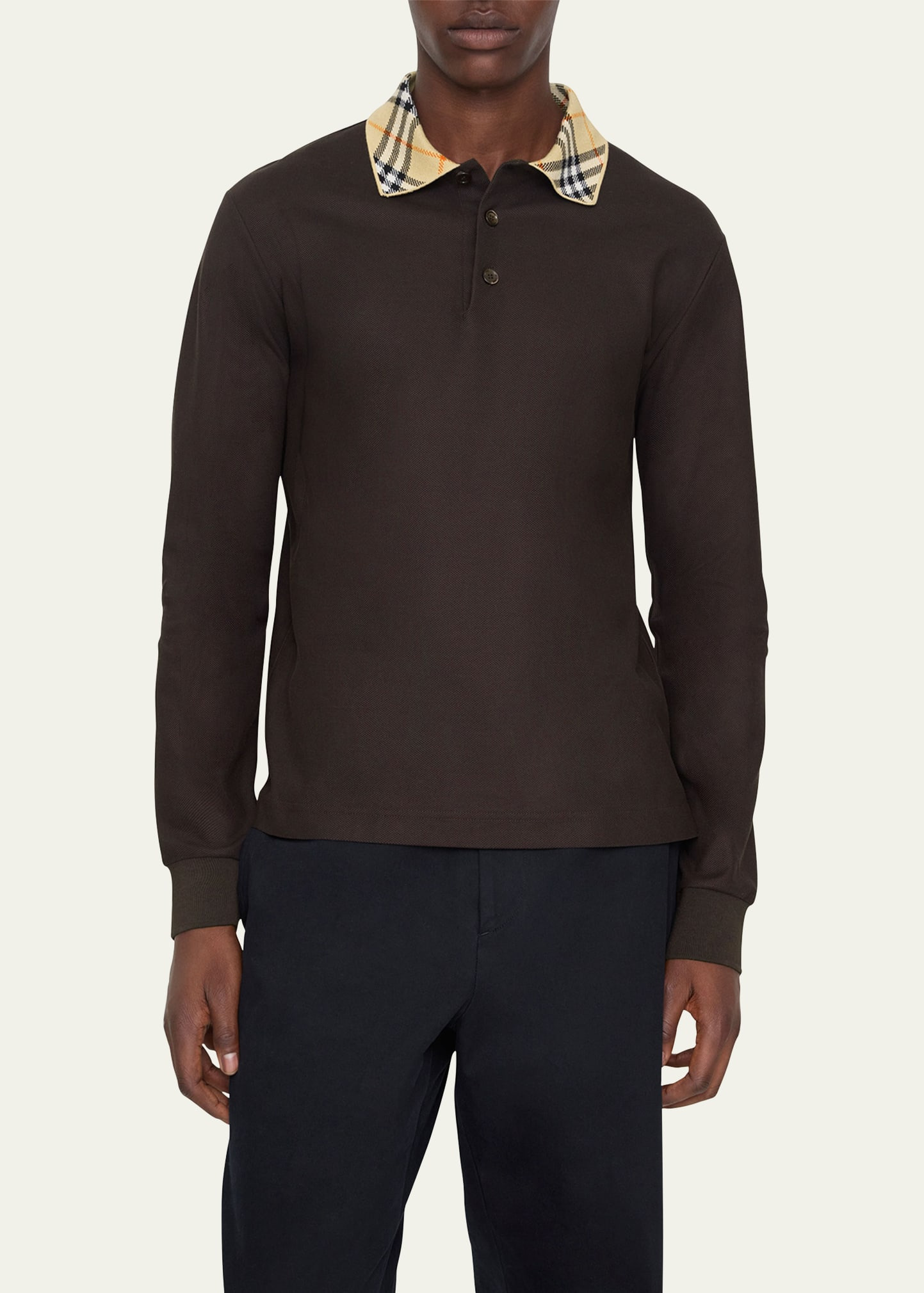 Men's Slim Cotton Check-Collar Long-Sleeve Polo Shirt - 2