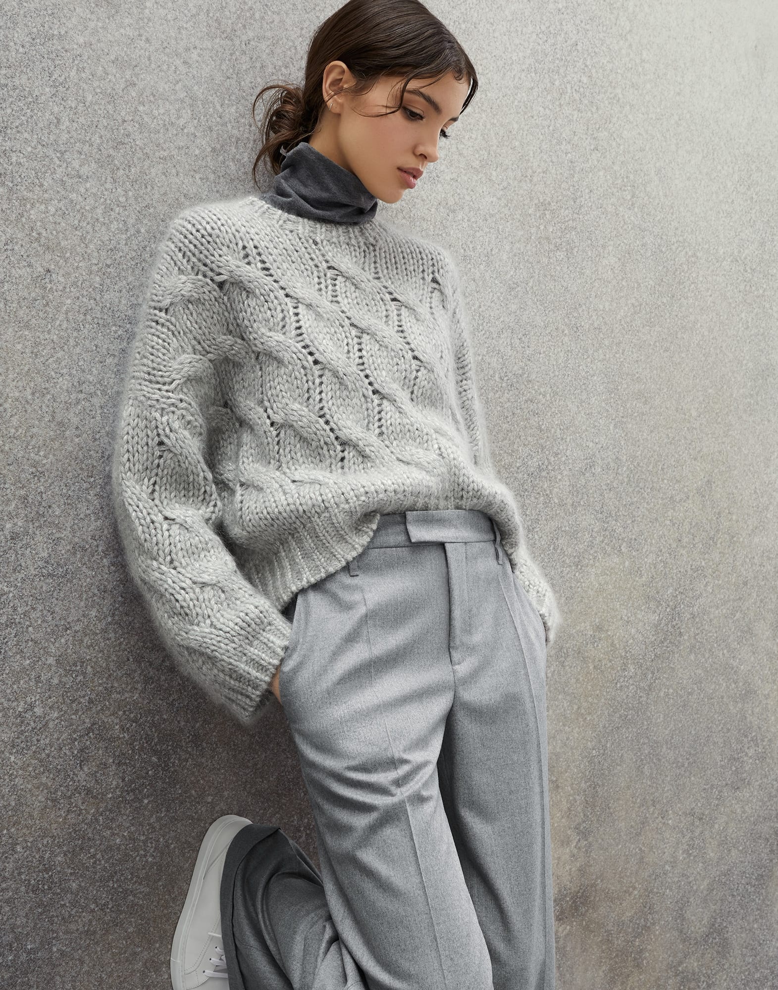 Wool and mohair sparkling cable knit trousers 