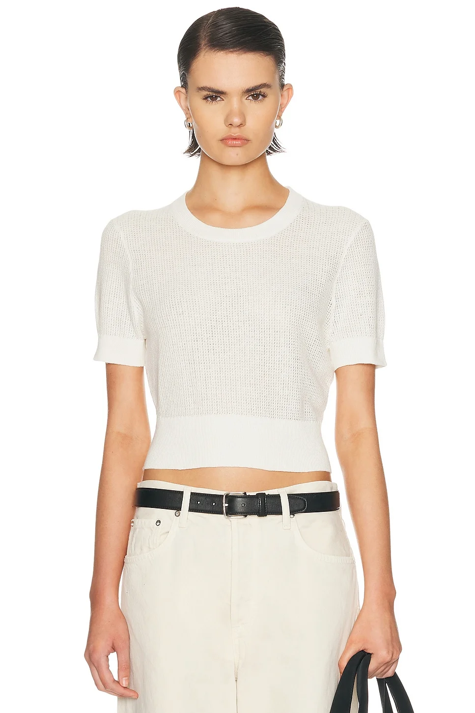 Linen Open Knit Cropped Short Sleeve Top - 1