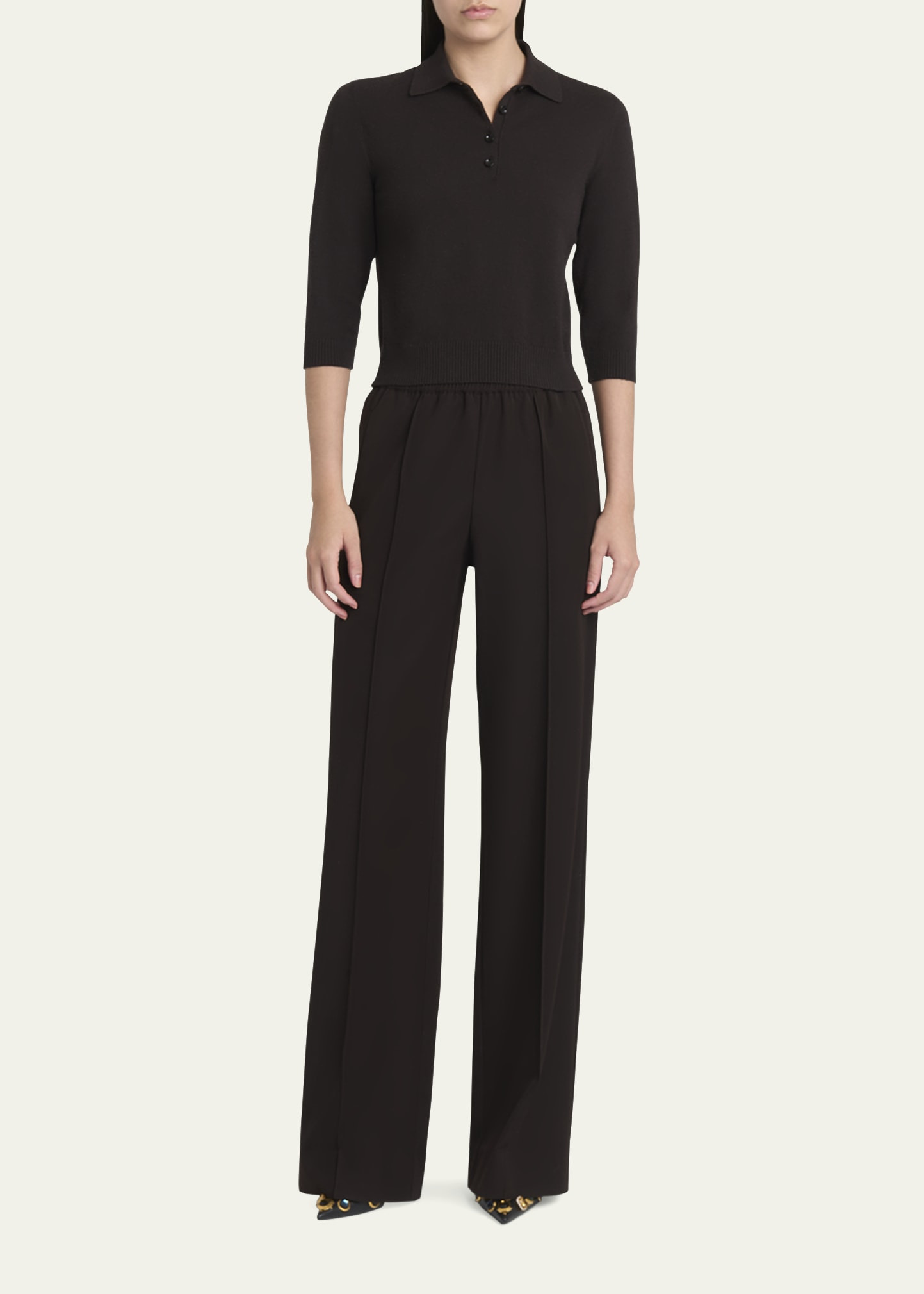 3/4-Sleeve Cashmere Polo Sweater - 2
