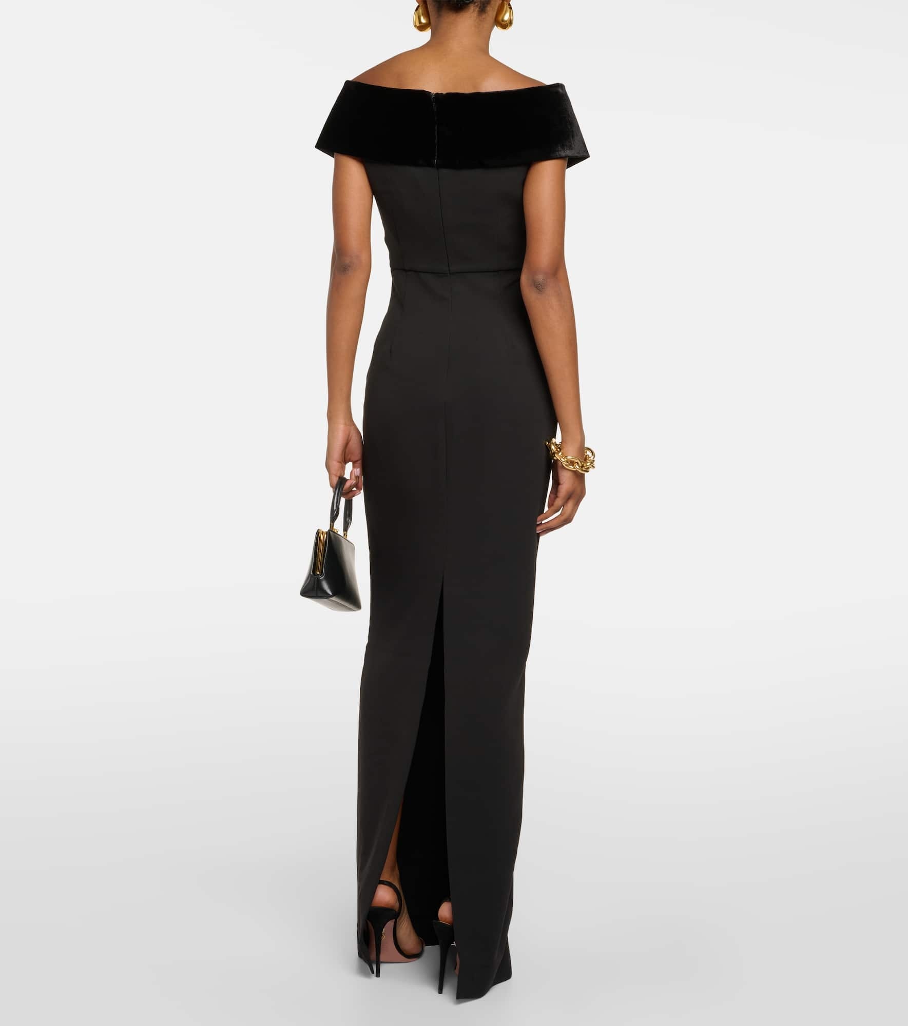 Off-shoulder velvet-trimmed cady gown - 3