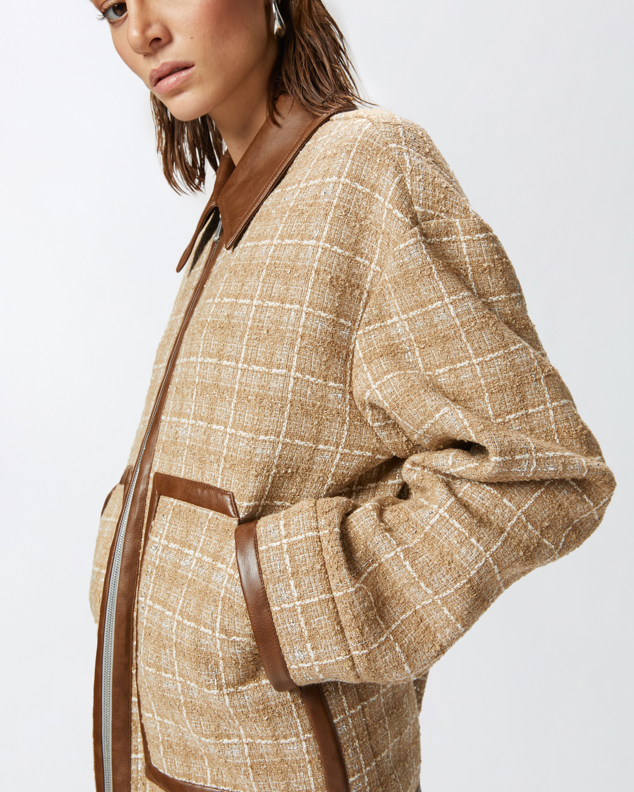 TWEED BLOUSON JACKET WITH FAUX LEATHER DETAILS AND ZIP - 5