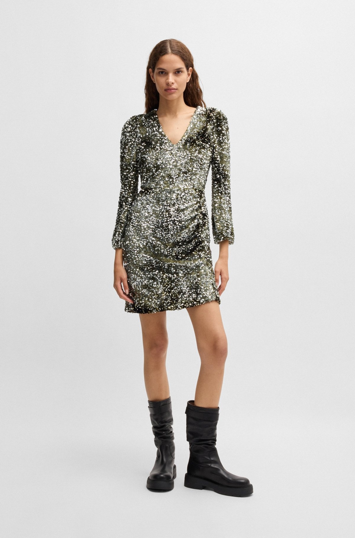 LONG-SLEEVED VELOUR DRESS WITH GATHERED DETAILS - 3
