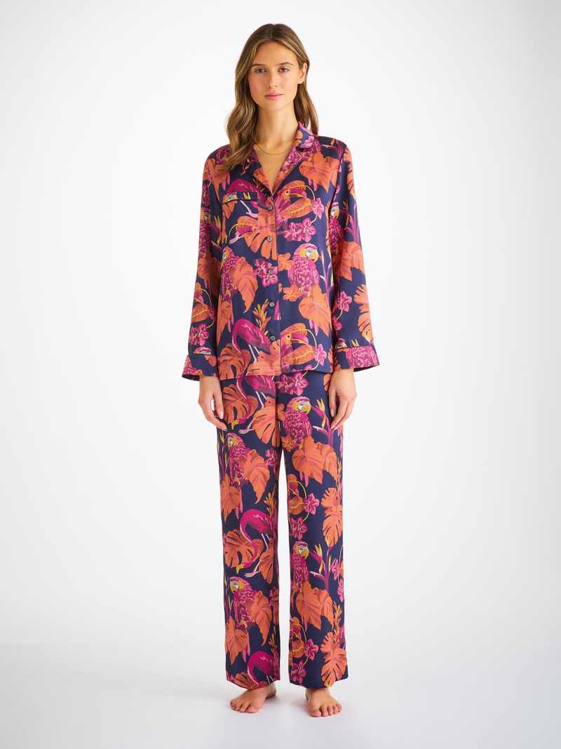 Derek Rose Women's Pajamas Silk Satin Navy Jungle Birds Pattern outlook