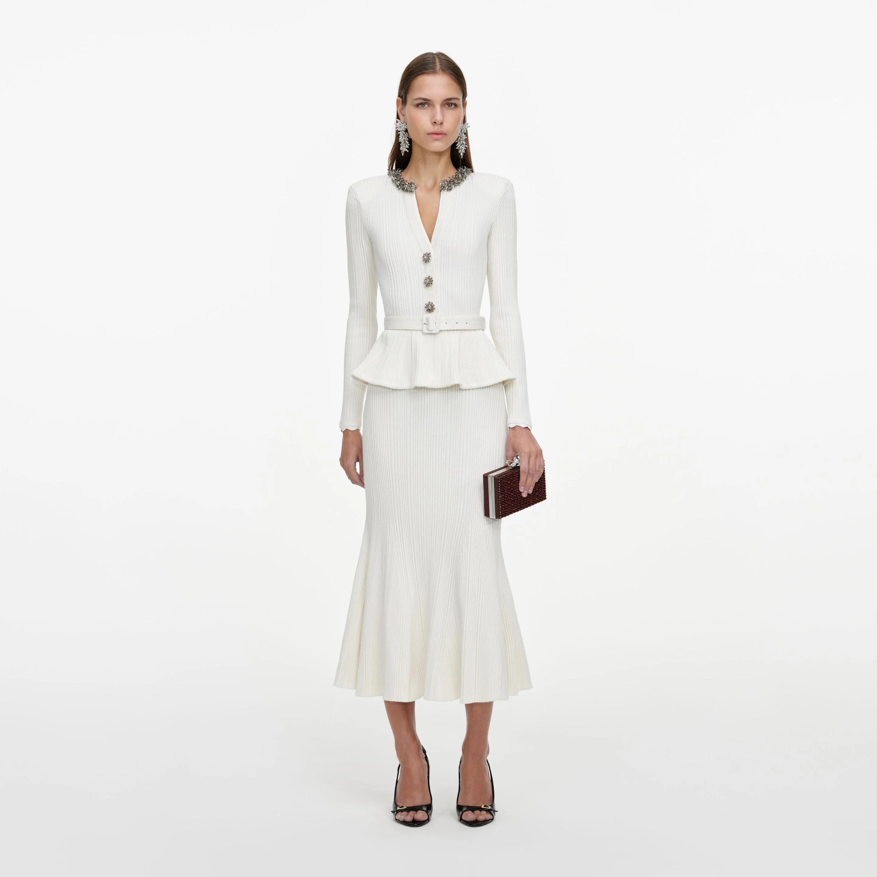 Cream Lurex Rib Knit Midi Dress - 1
