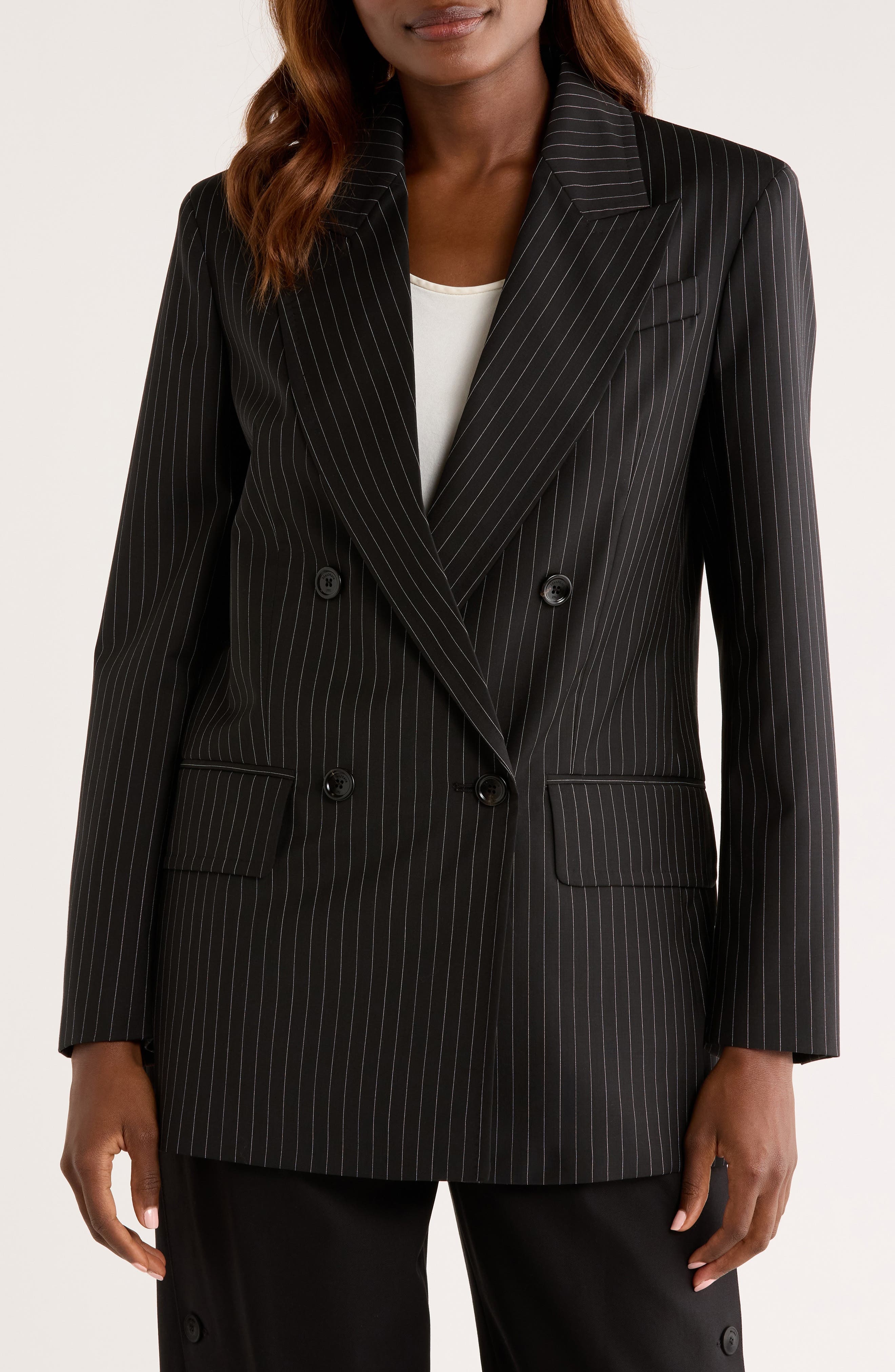 Max Mara Mattia Pinstripe Virgin Wool Blazer in Black/White at Nordstrom - 4