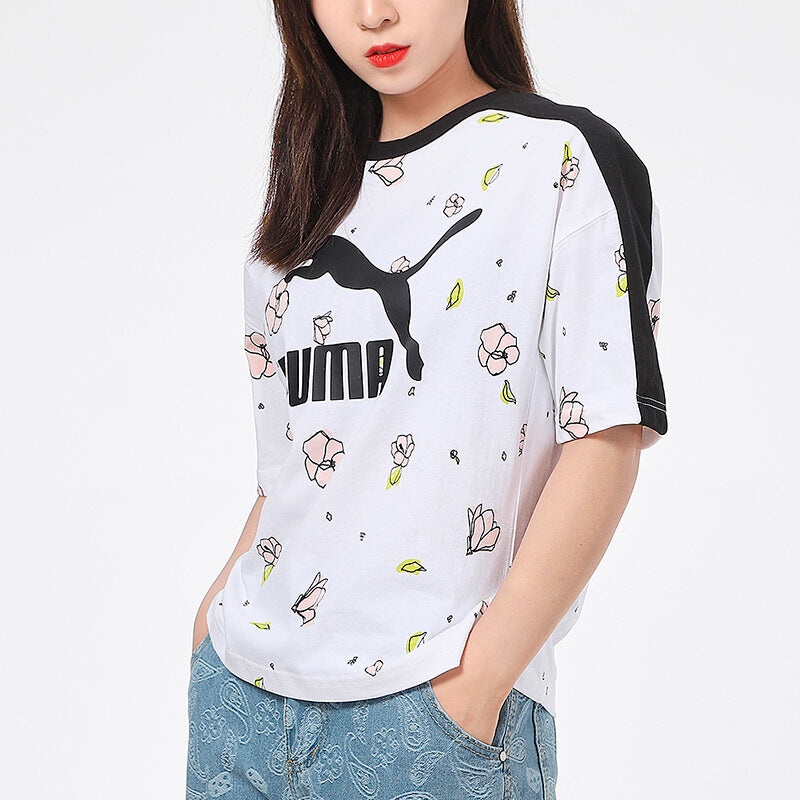 (WMNS) PUMA Casual Full Print Round Neck Short Sleeve White 532043-02 - 4