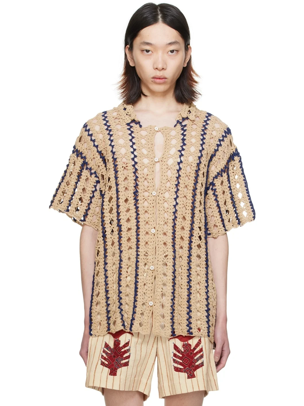 Beige & Navy Striped Shirt - 1