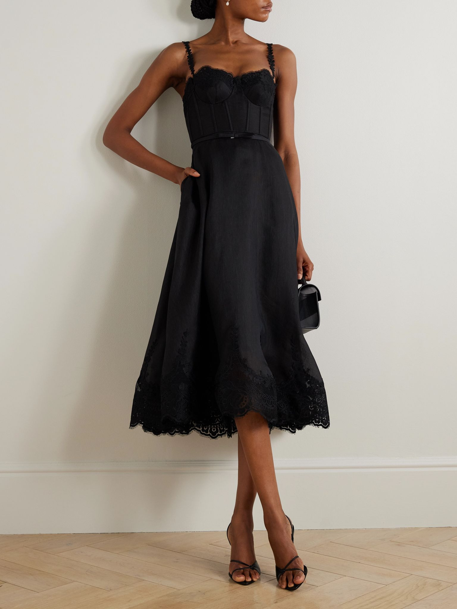 Hypnotic Picnic belted lace-trimmed linen and silk-blend midi dress Black - 2