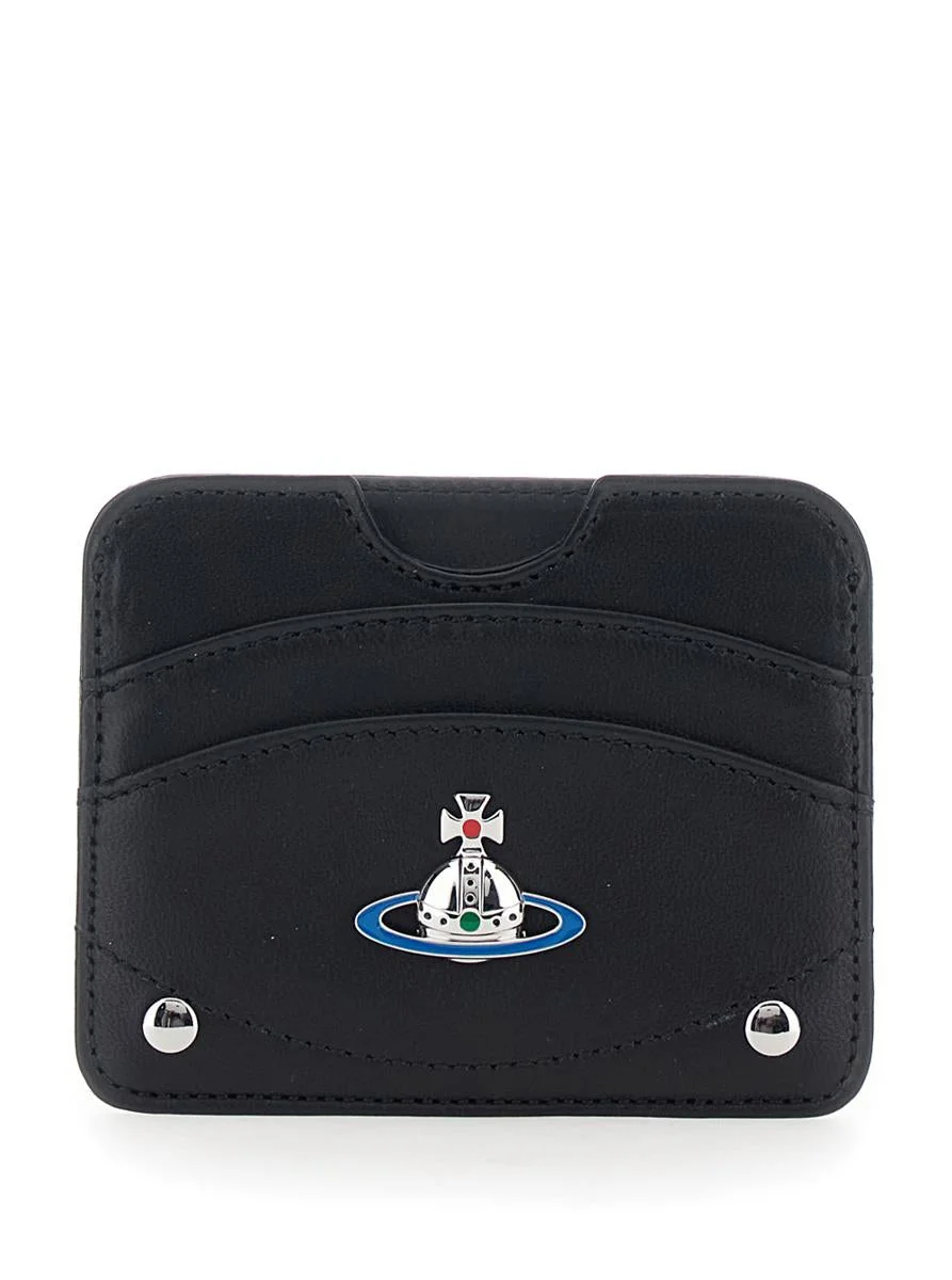 Vivienne Westwood Black Card Holder With Orb Detail On The Front And Stud Embellishments On The Fron - 1