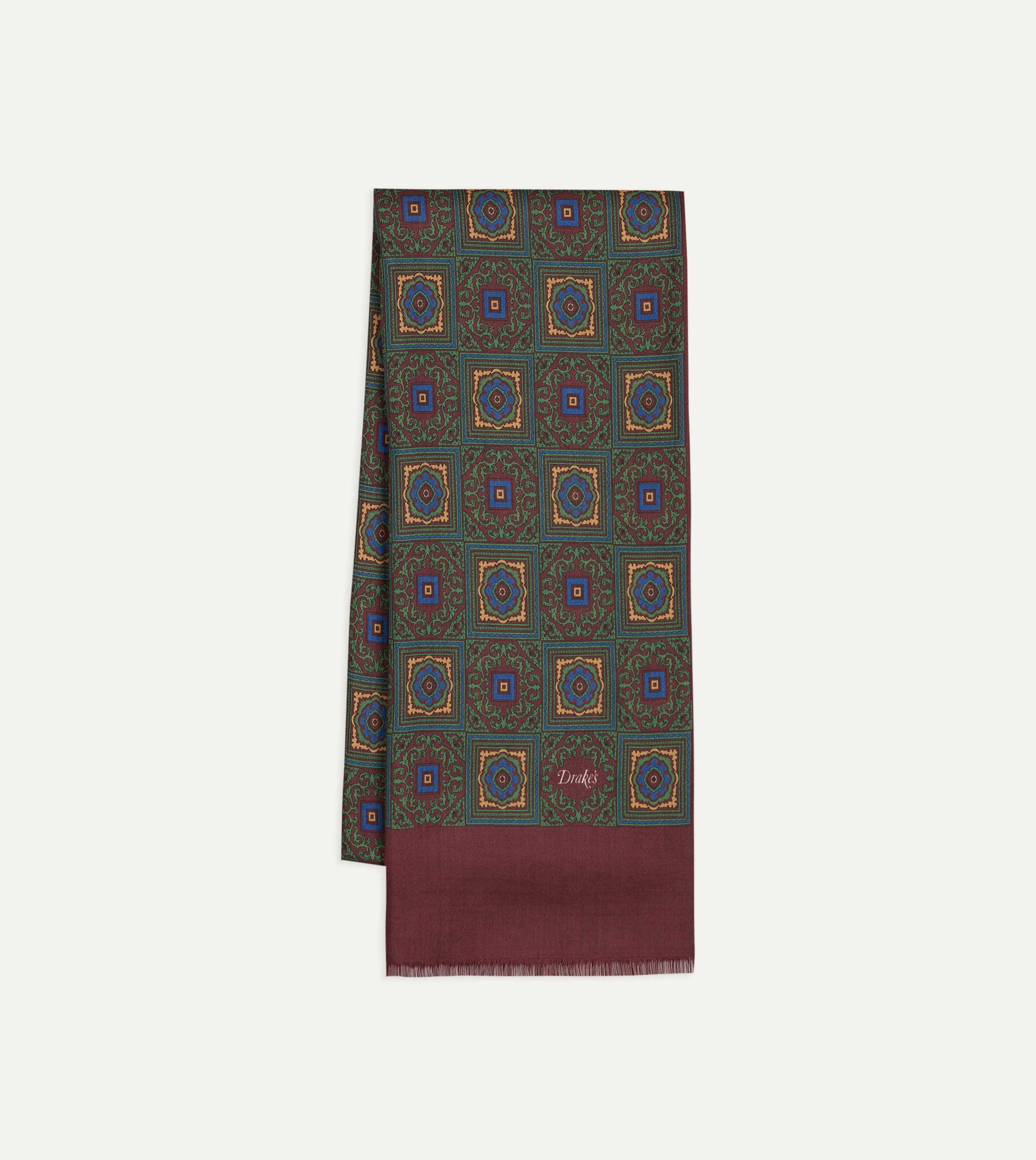 Green and Red Medallion Print Tubular Wool-Silk Scarf - 1