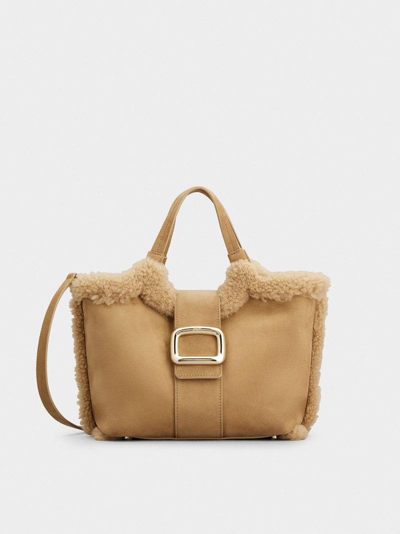 Viv' Choc Shopping Bag in suede and shearling 1