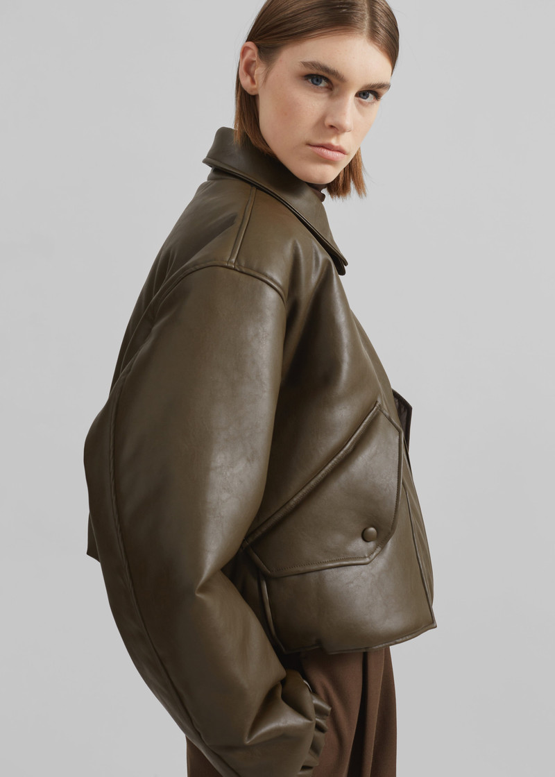 Blane Faux Leather Padded Bomber Jacket - Khaki Brown 3