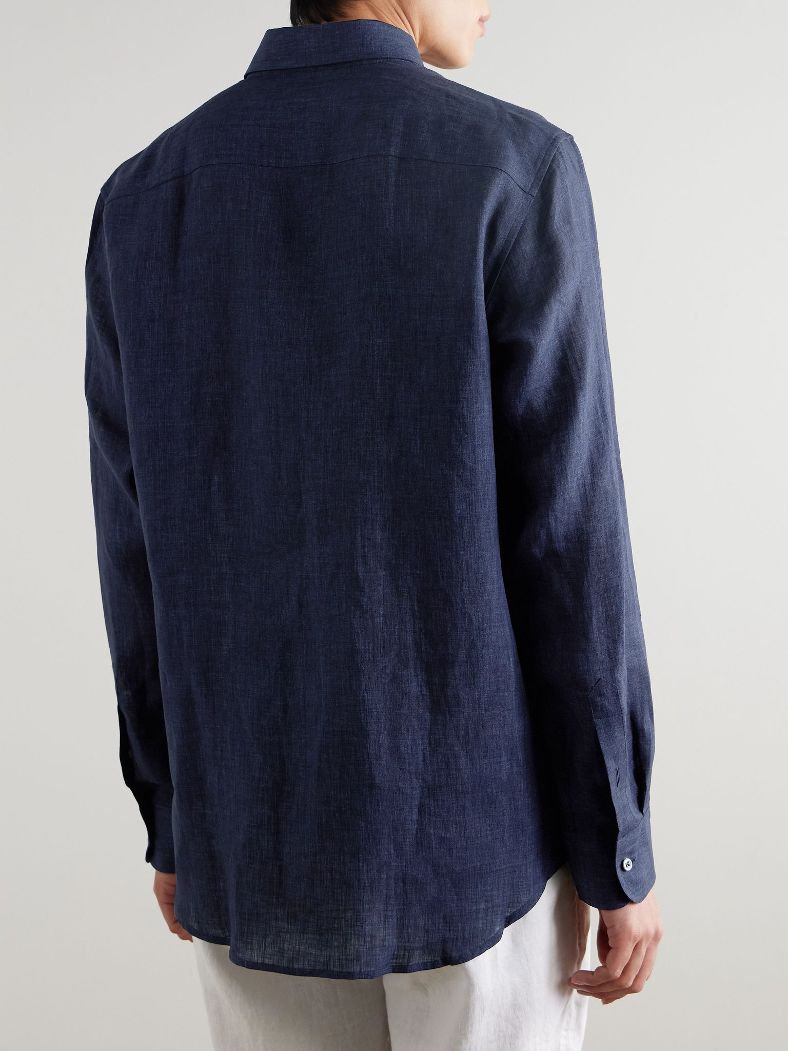 Button-Down Collar Linen Shirt Blue - 4