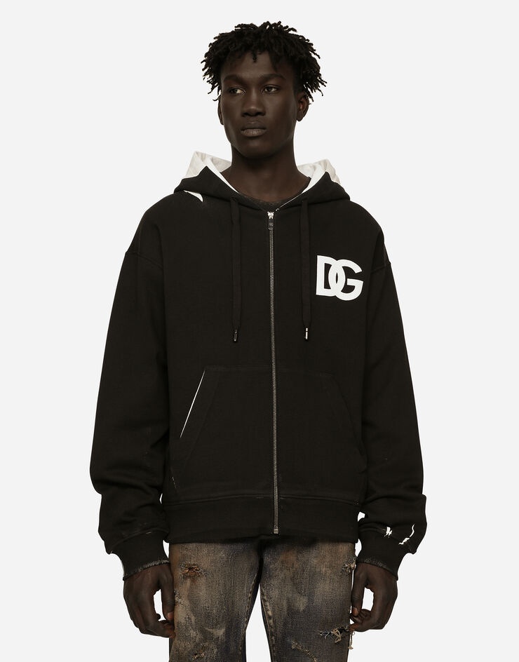 DG logo print jersey hoodie with zipper - 4