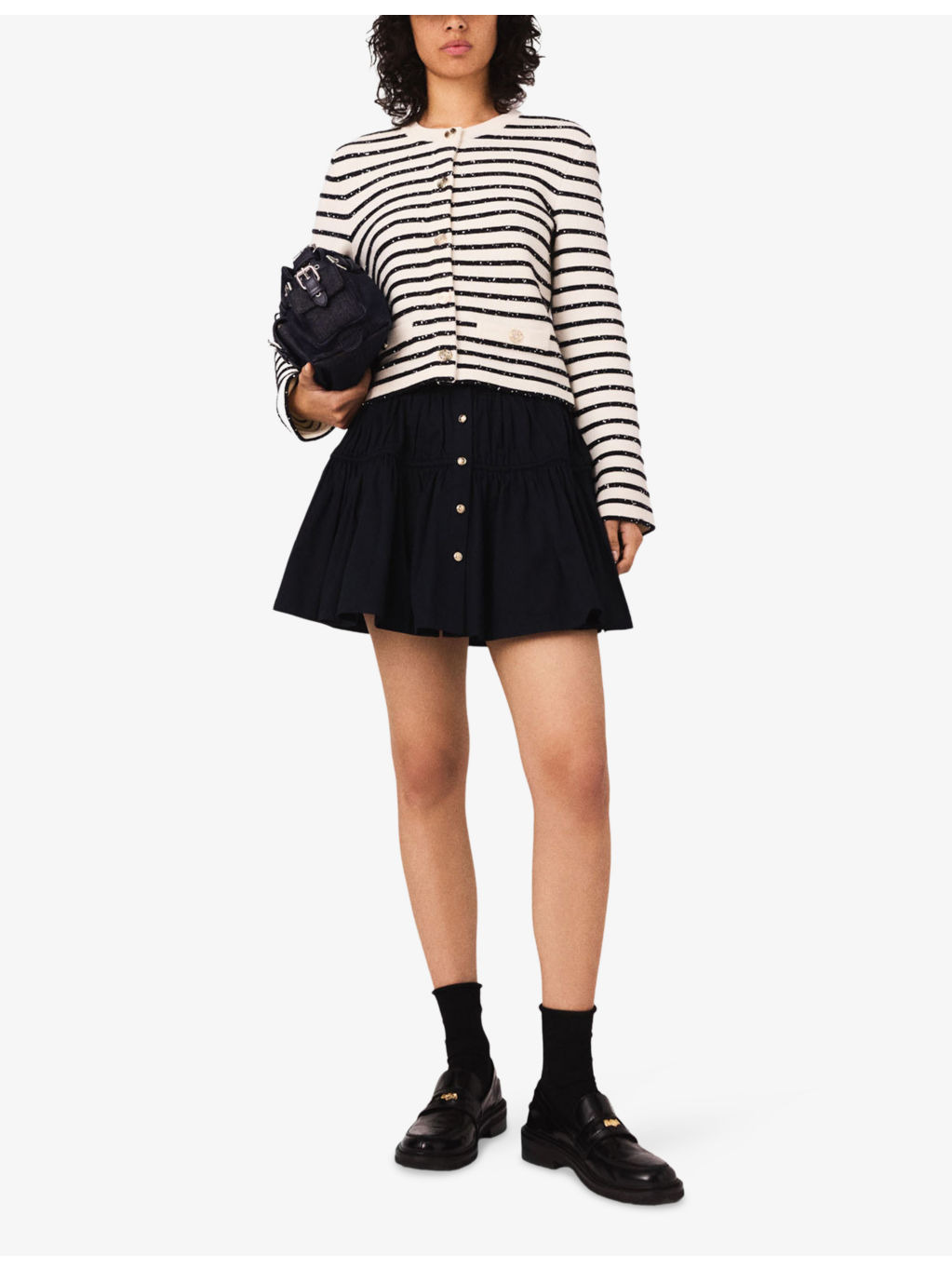 Striped Rhinestone-Embellished Knitted Cardigan - 2