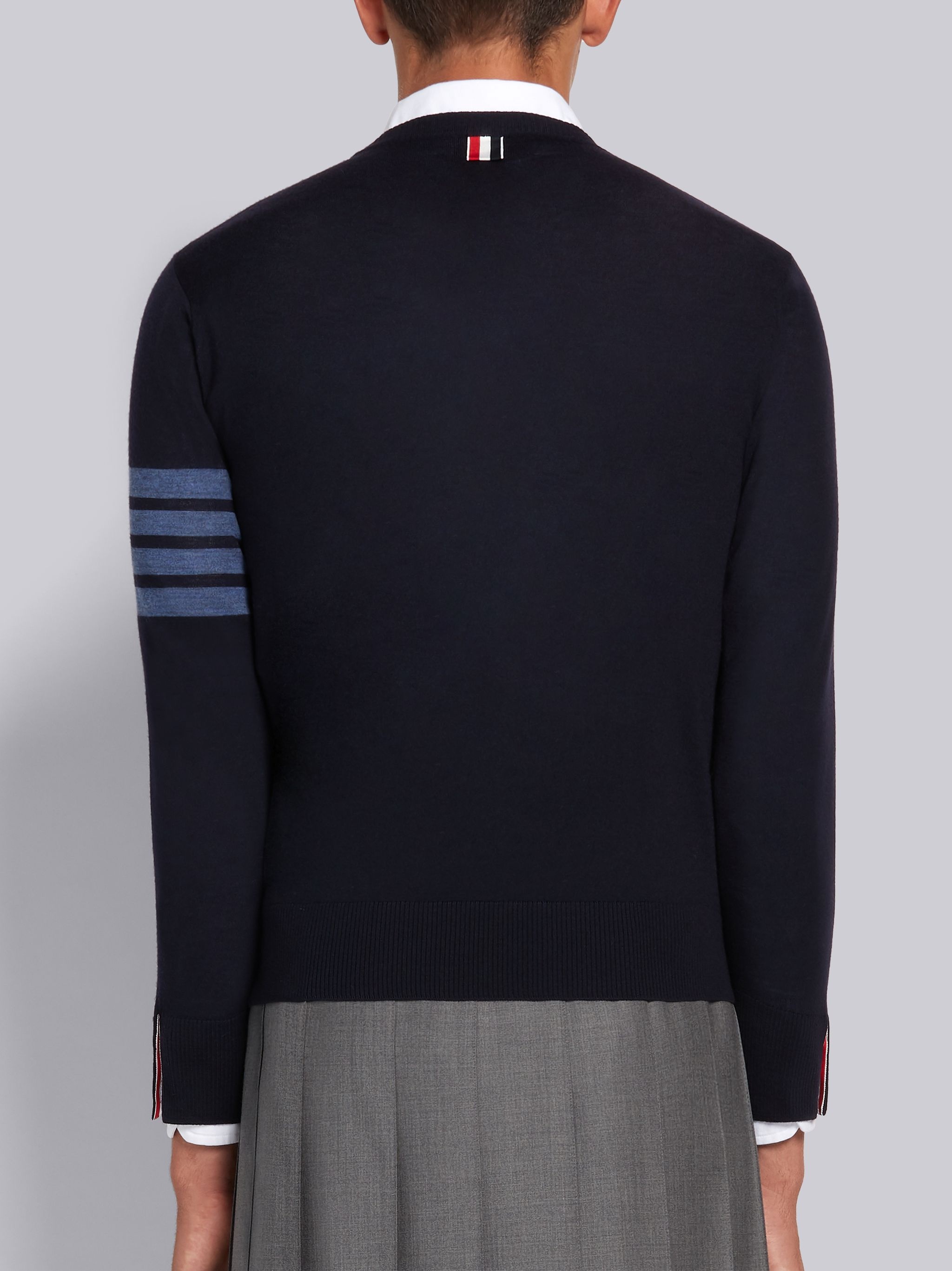 Navy Fine Merino Wool 4-Bar Crewneck Pullover - 3