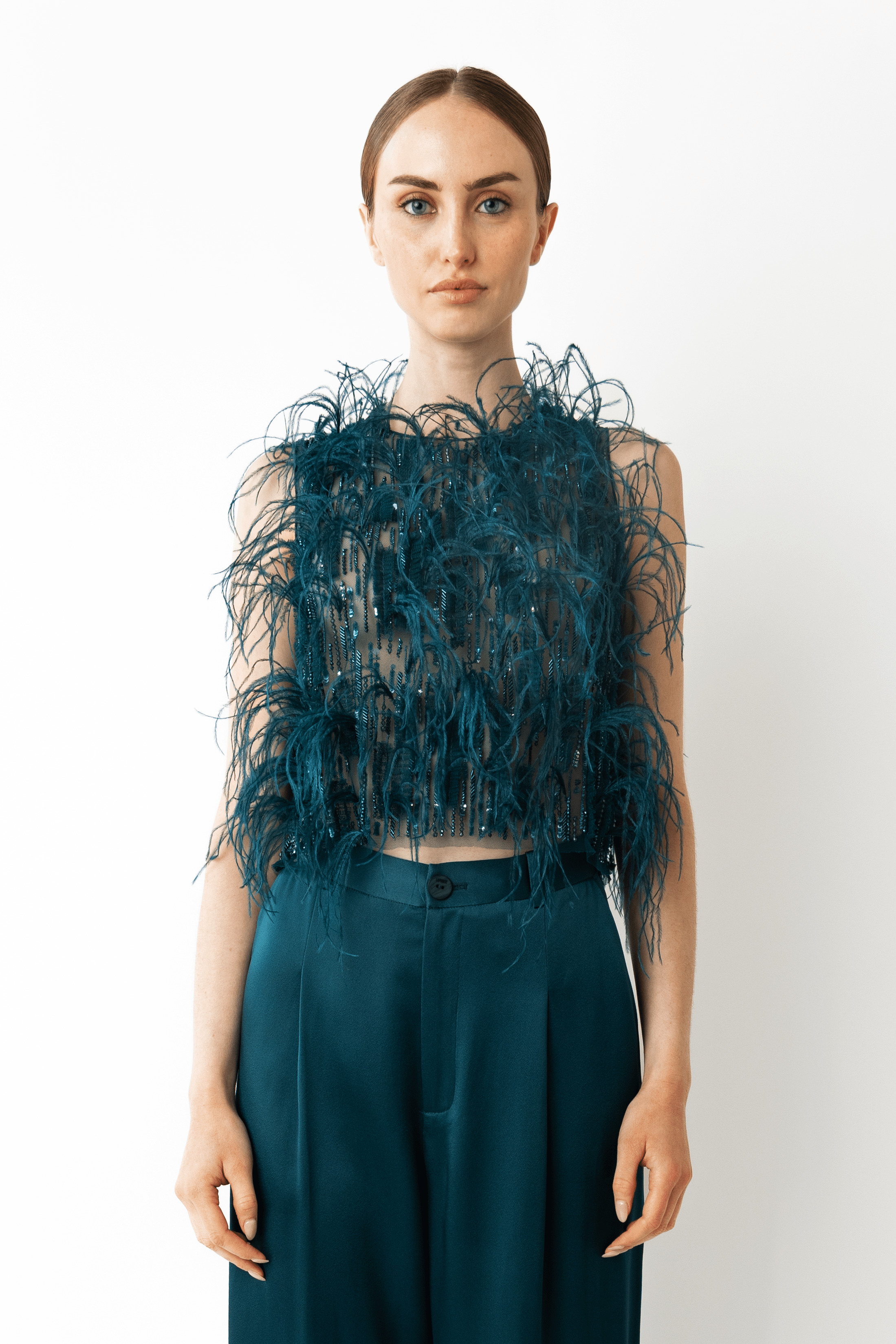 Cascading Feather Embellished Cropped Tank - 2