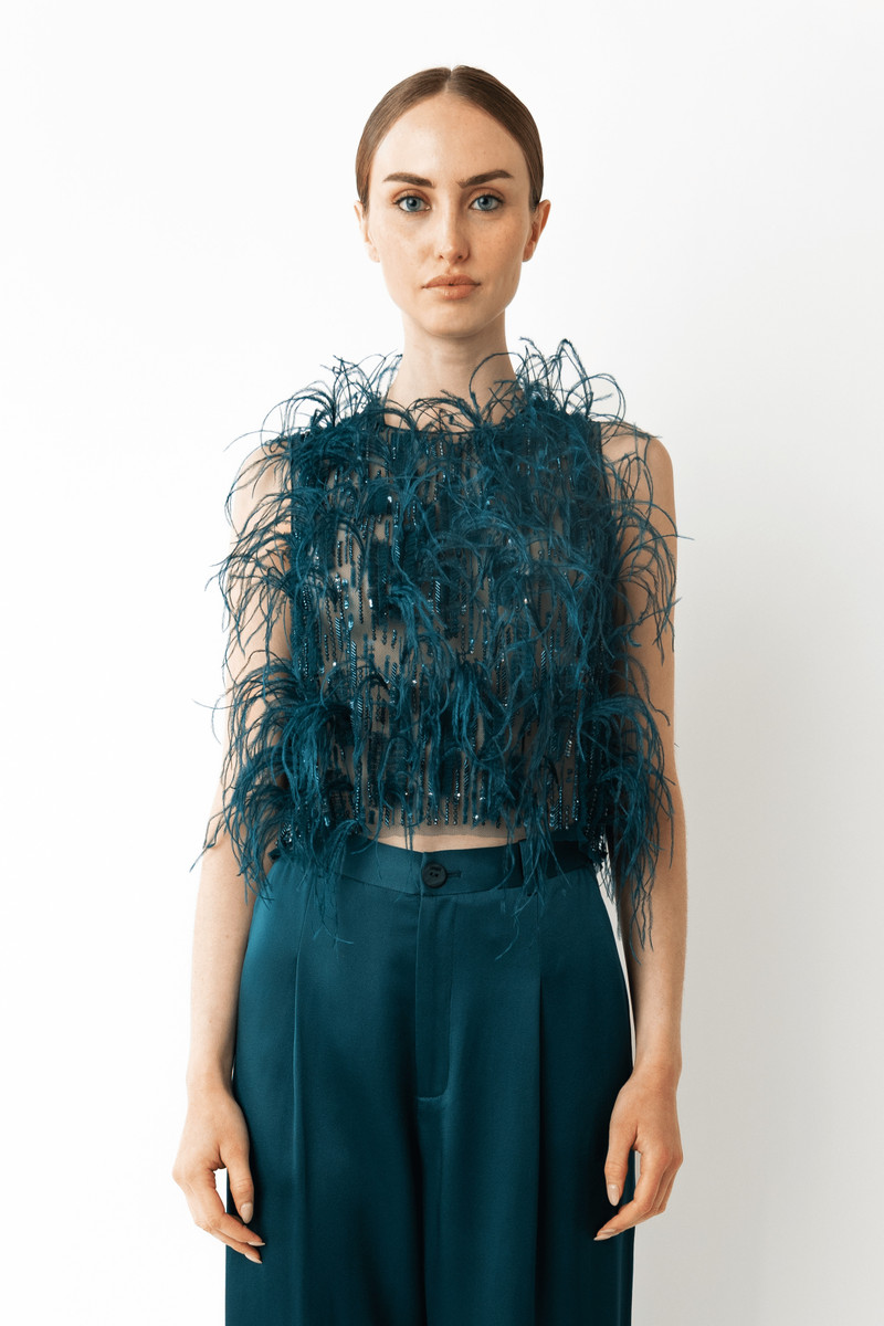 LAPOINTE Cascading Feather Embellished Cropped Tank outlook