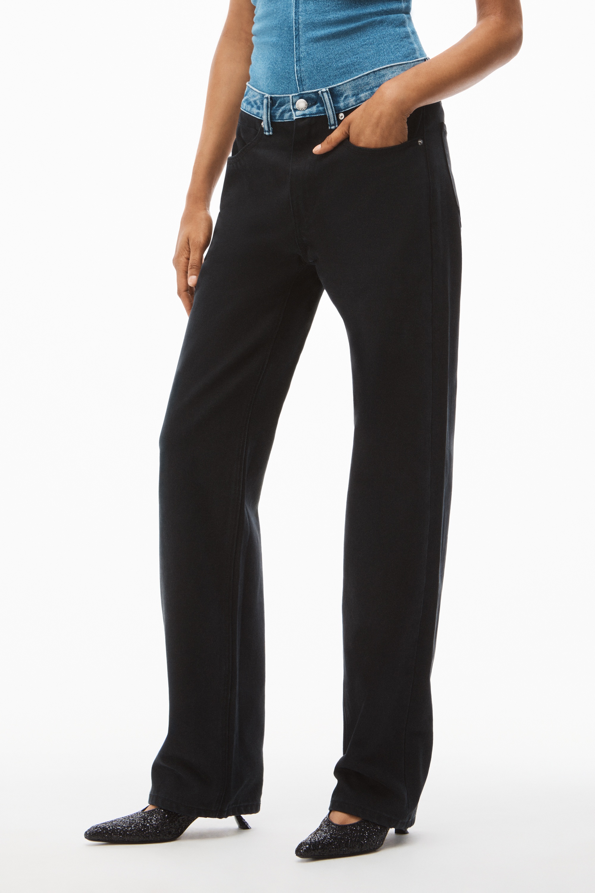 CONTRAST WAISTBAND JEAN IN BLACK DENIM - 3